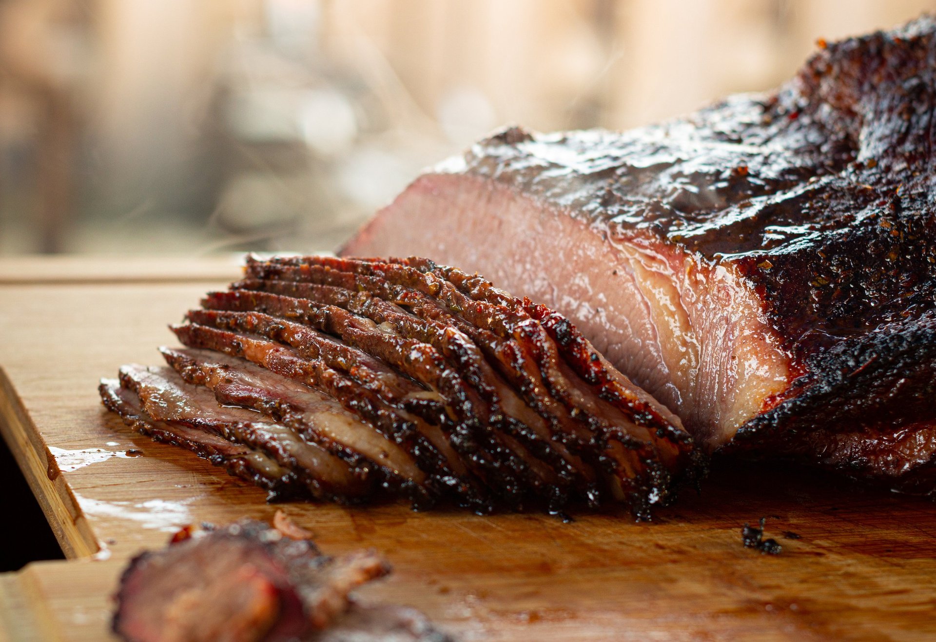Perfectly sliced smoked BBQ brisket from Scootrz Deli & BBQ in Ukiah, CA