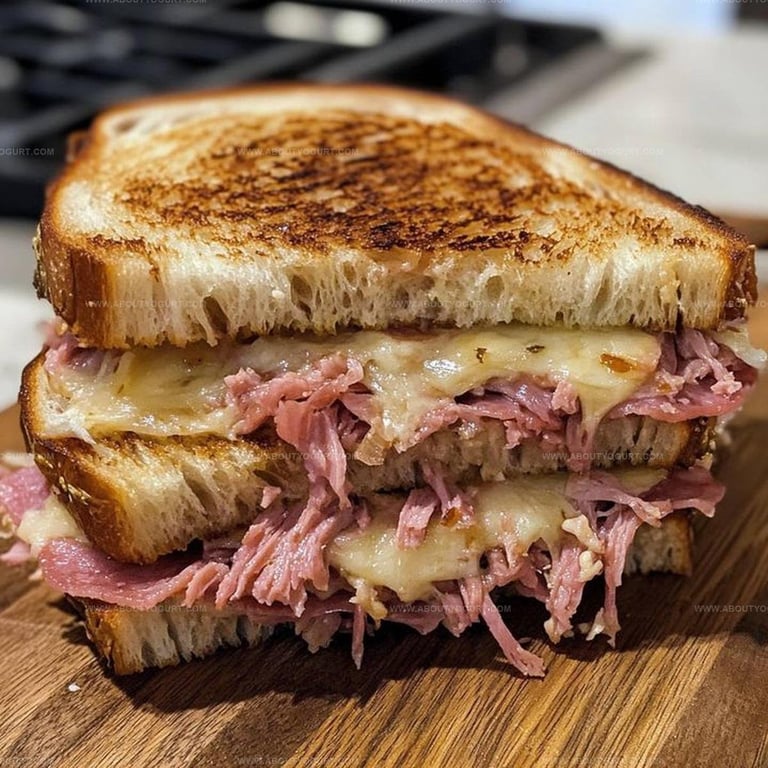 Toasted sandwich with shredded corned beef and melted cheese on buttered bread slices on a wooden surface