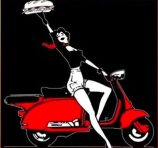 Woman in black top sitting on a red vintage scooter, holding a sandwich above her head against a black background