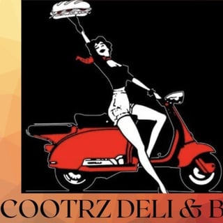 Retro illustration of woman on red scooter holding pizza above head with COOTRZ DELI & B text