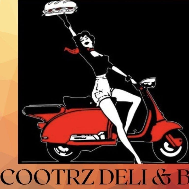 Scootrz Deli logo featuring a retro illustration of a woman on a red scooter